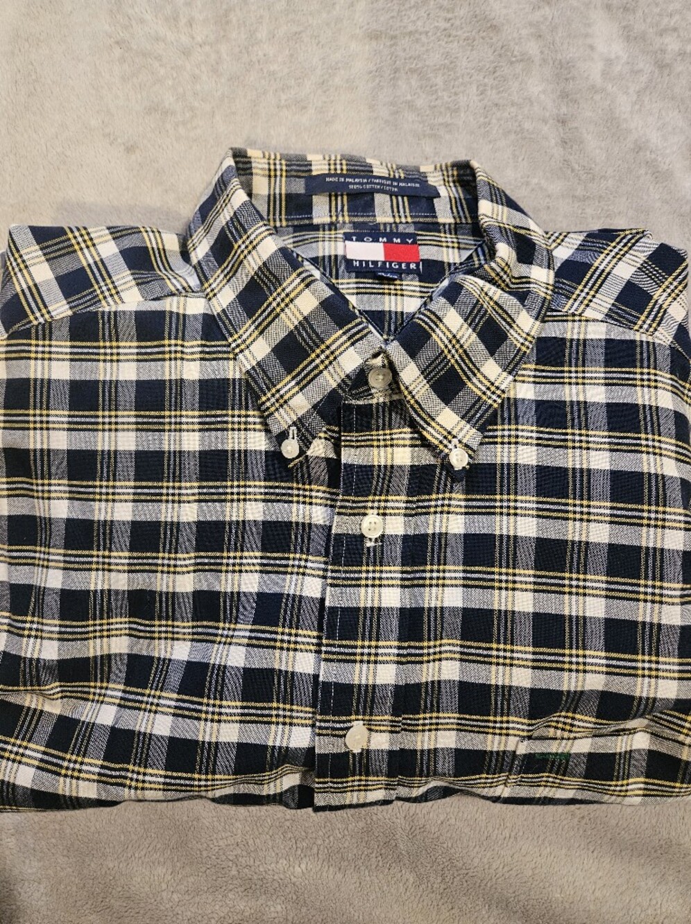 Vintage 90s/Y2K Tommy Hilfiger Plaid Button Down Shirt – Navy Yellow – XL